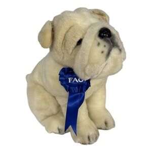 Plush Bulldog Dog Stuffed Animal Blue Ribbon FAO Schwarz Toy